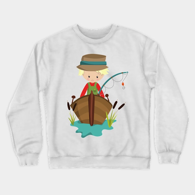 Fishing Boy, Fisherman, Fishing Rod, Blond Hair Crewneck Sweatshirt by Jelena Dunčević